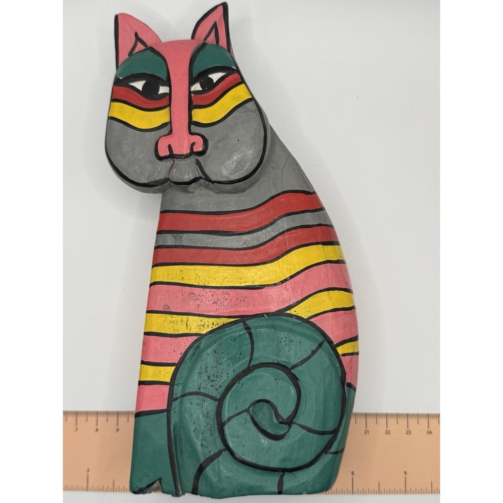 Laurel Birch 8.5" Wooden Cat - Pink Gray & Red With Curled Tail